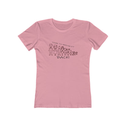 Pink t-shirt with graphic design and text on a white background
