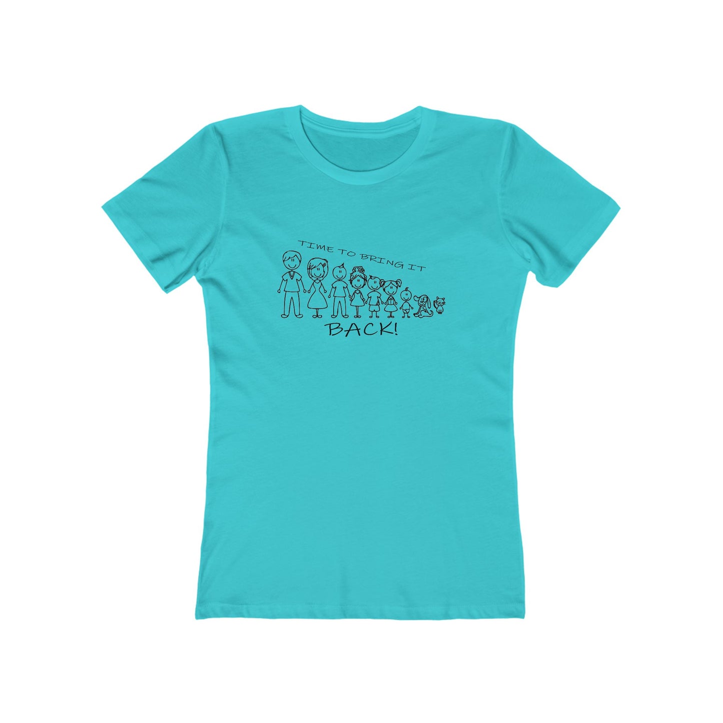 Turquoise t-shirt with graphic design and text on a white background