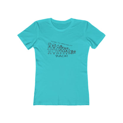 Turquoise t-shirt with graphic design and text on a white background