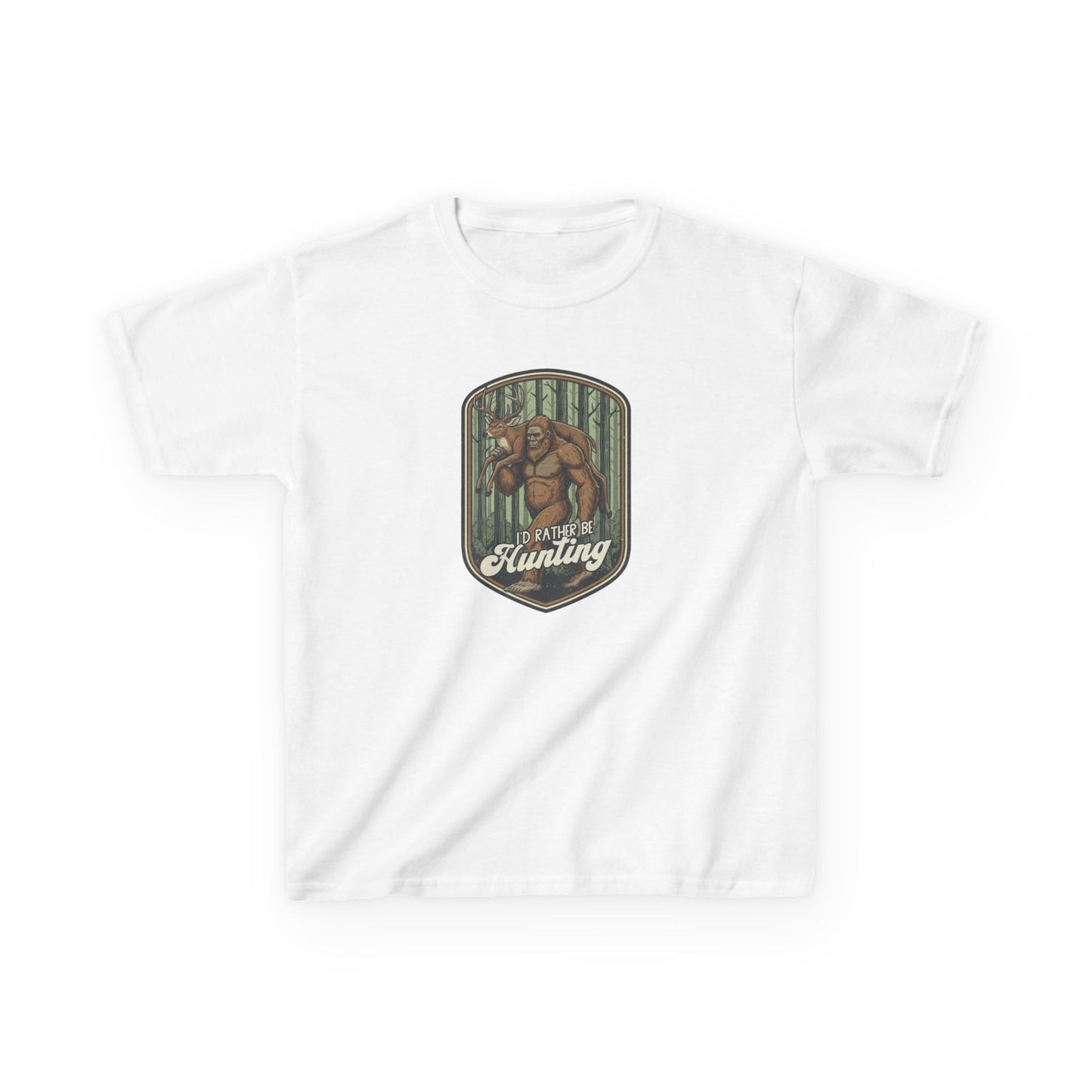 White t-shirt with a graphic of bigfoot in a forest and text on a white background