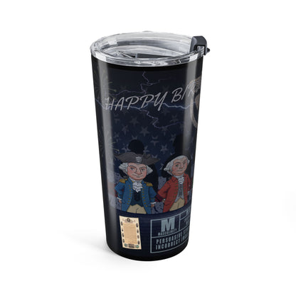 Black tumbler with illustrations of two historical figures and 'Happy Birthday' text on a white background