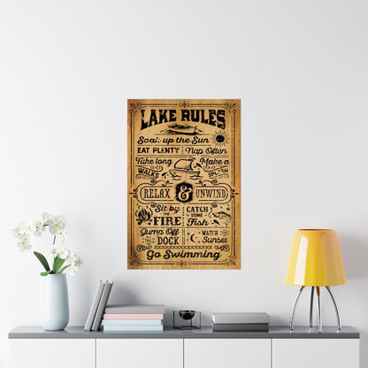 Wooden sign with 'Lake Rules' text on a wall above a shelf with decor items.
