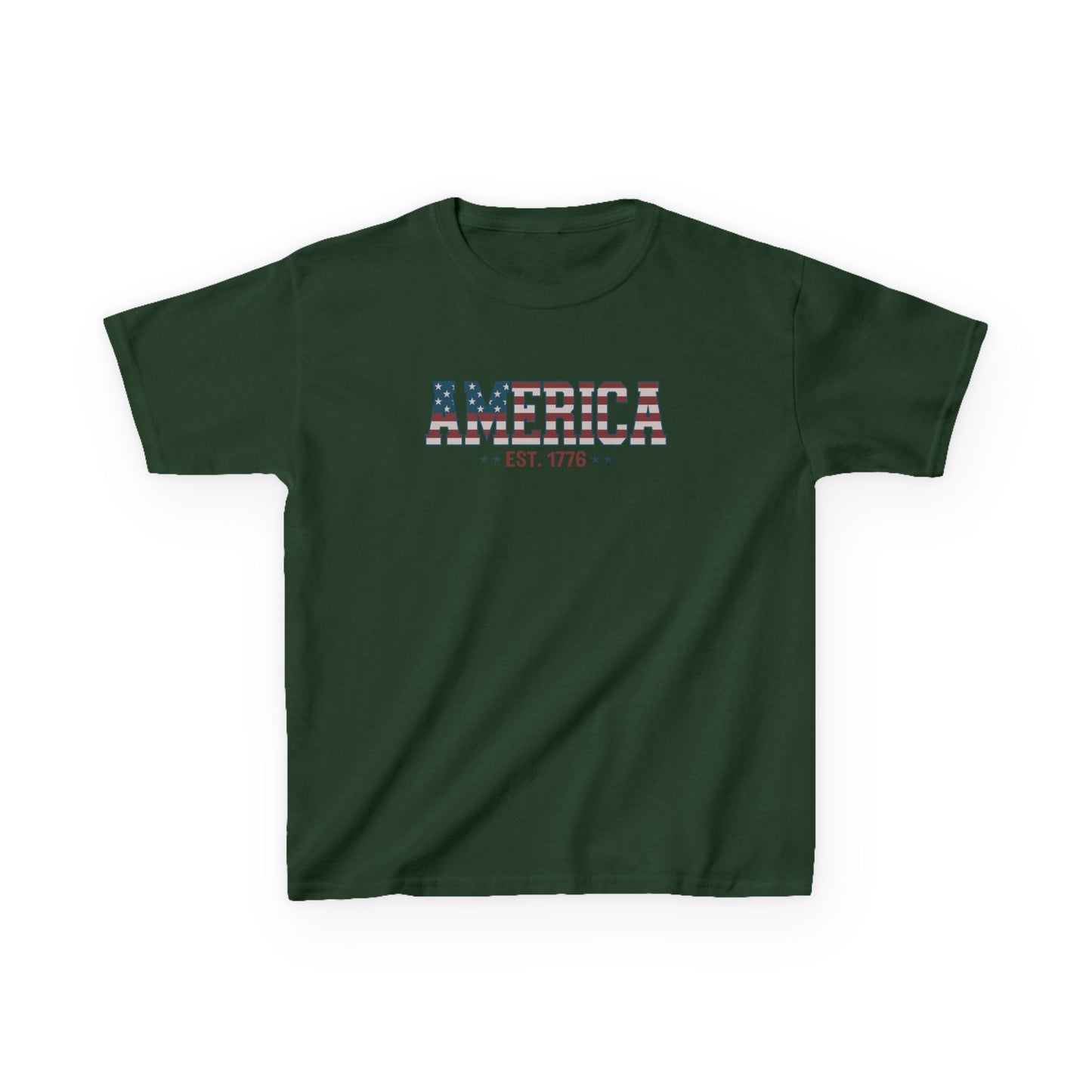 Green t-shirt with 'AMERICA EST. 1776' text on a white background