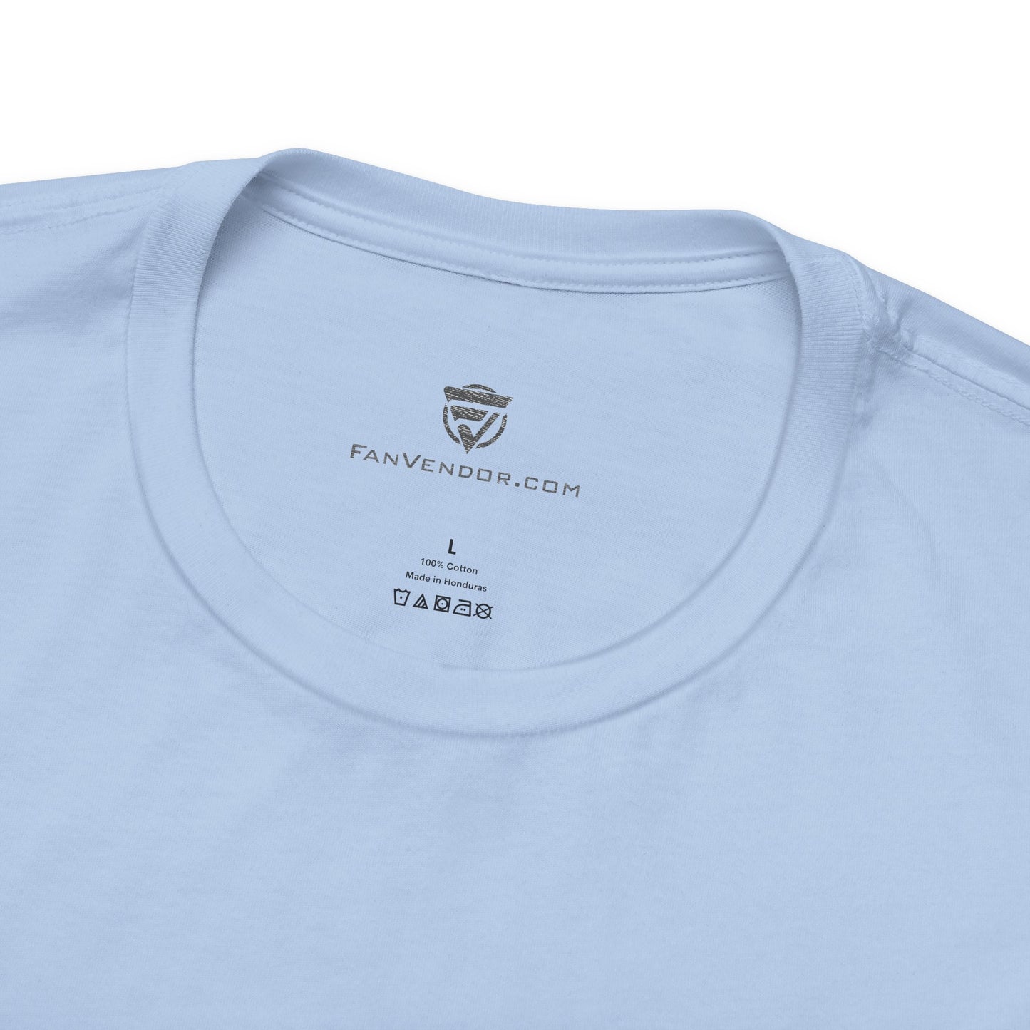 Light blue t-shirt with 'FanVendor.com' logo and text on the collar.
