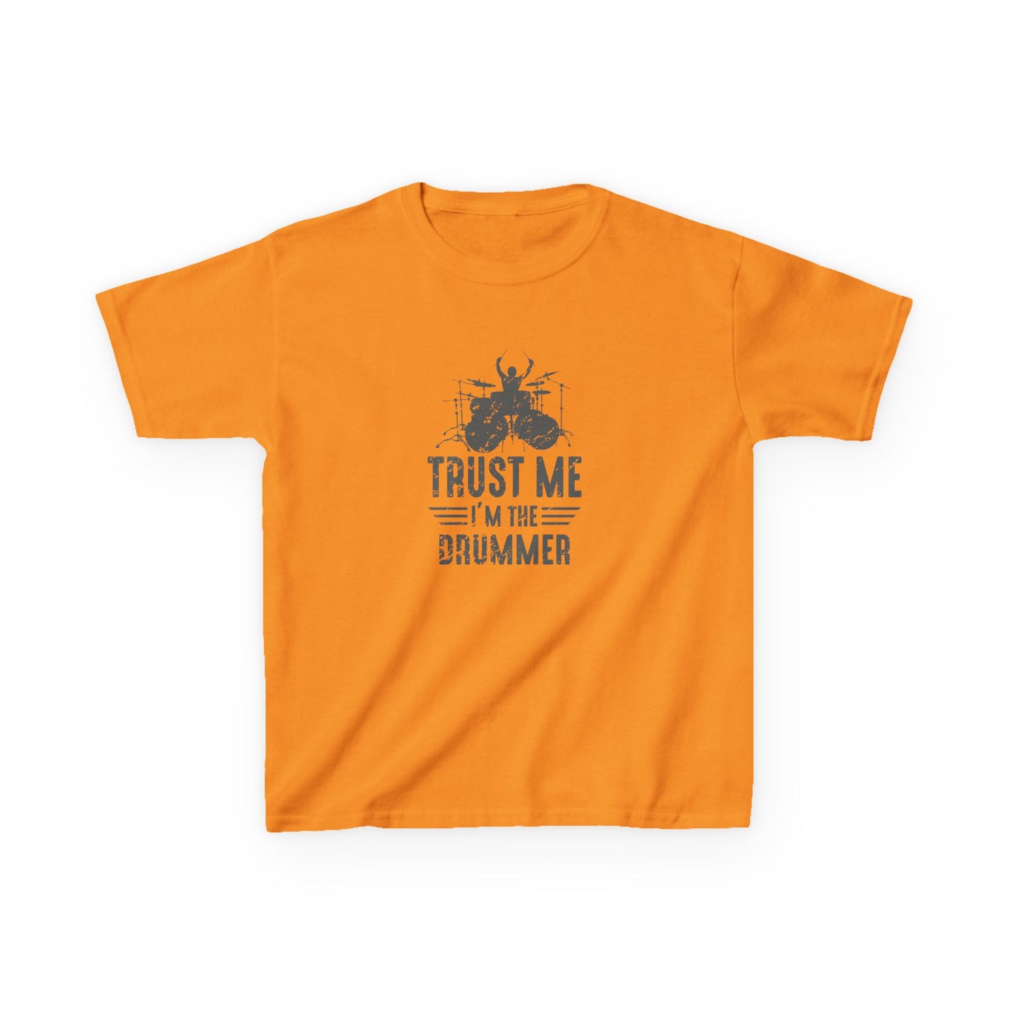 Orange t-shirt with graphic design and text on a white background