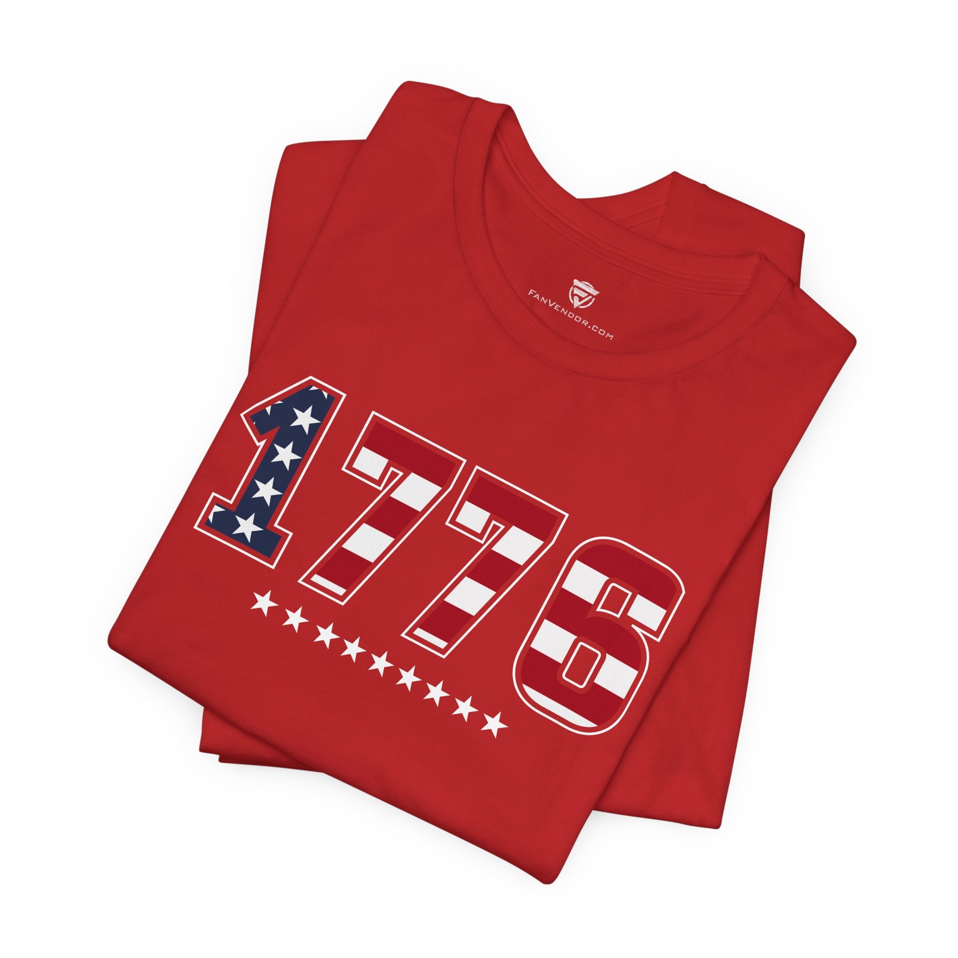 Red t-shirt with '1776' design on a white background