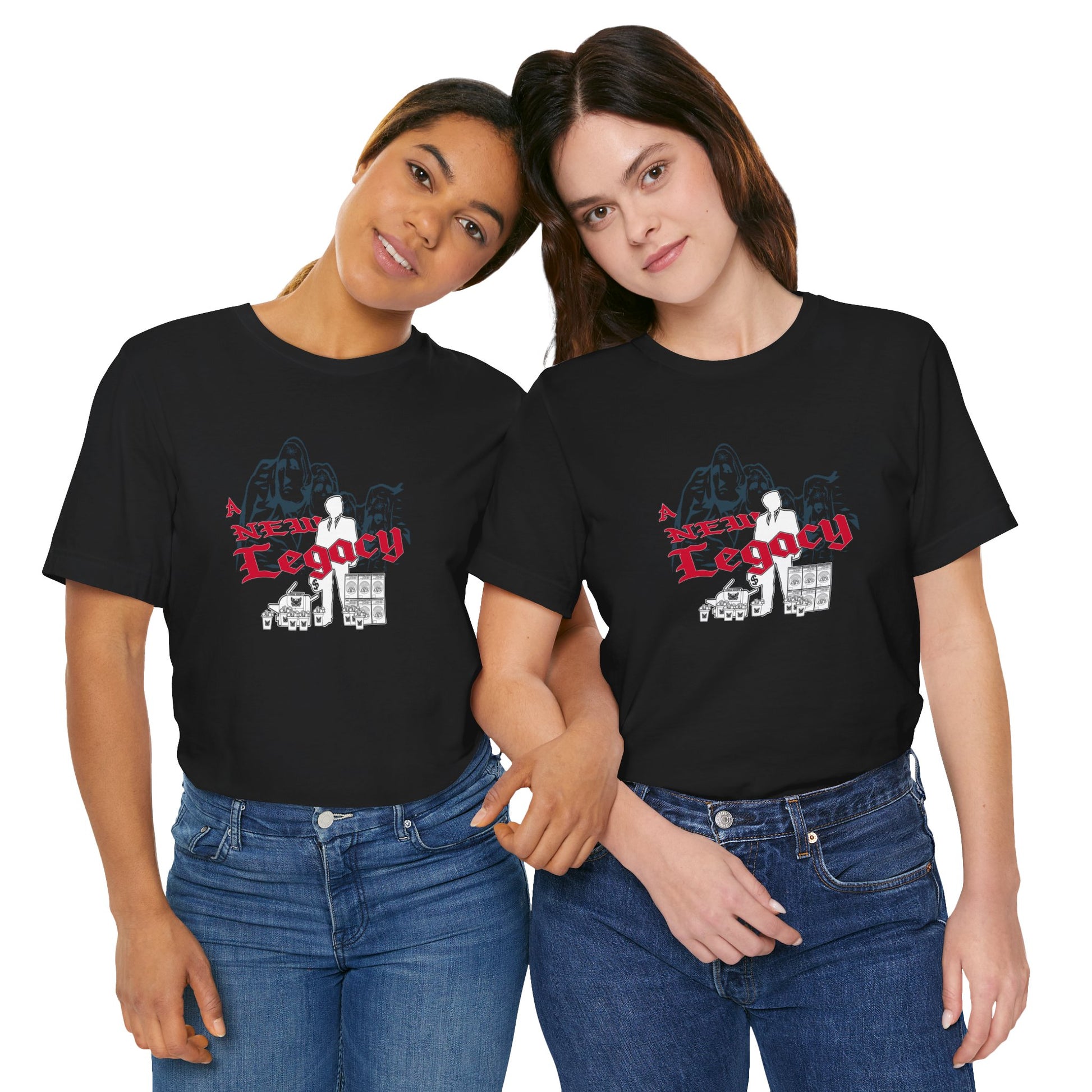 Two people wearing black t-shirts with a graphic design and text on a white background