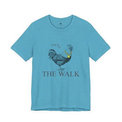 Blue t-shirt with a rooster graphic and text on a white background