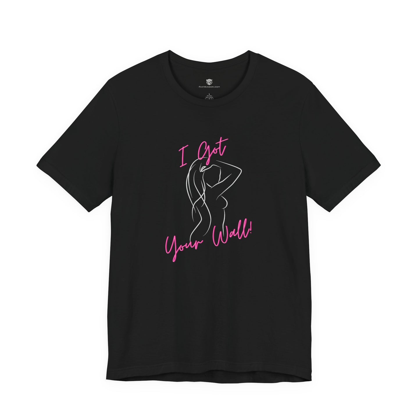 Black t-shirt with pink graphic and text on a white background