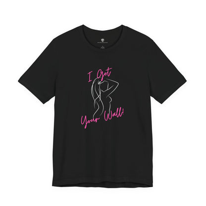 Black t-shirt with pink graphic and text on a white background