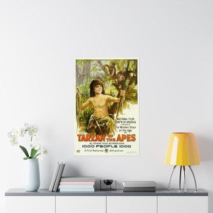 Vintage 'Tarzan of the Apes' movie poster on a wall above a shelf with decor items.