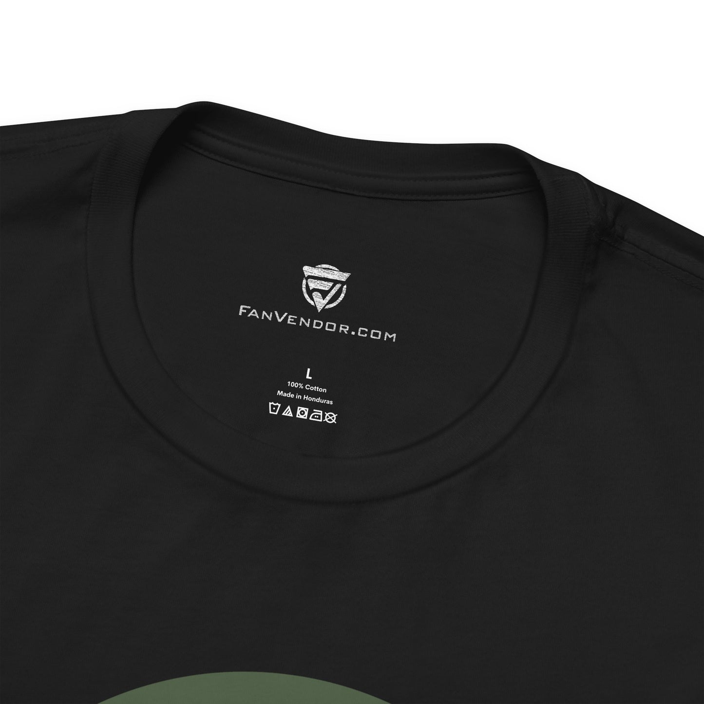 Black t-shirt with 'FanVendor.com' logo and text on the collar.