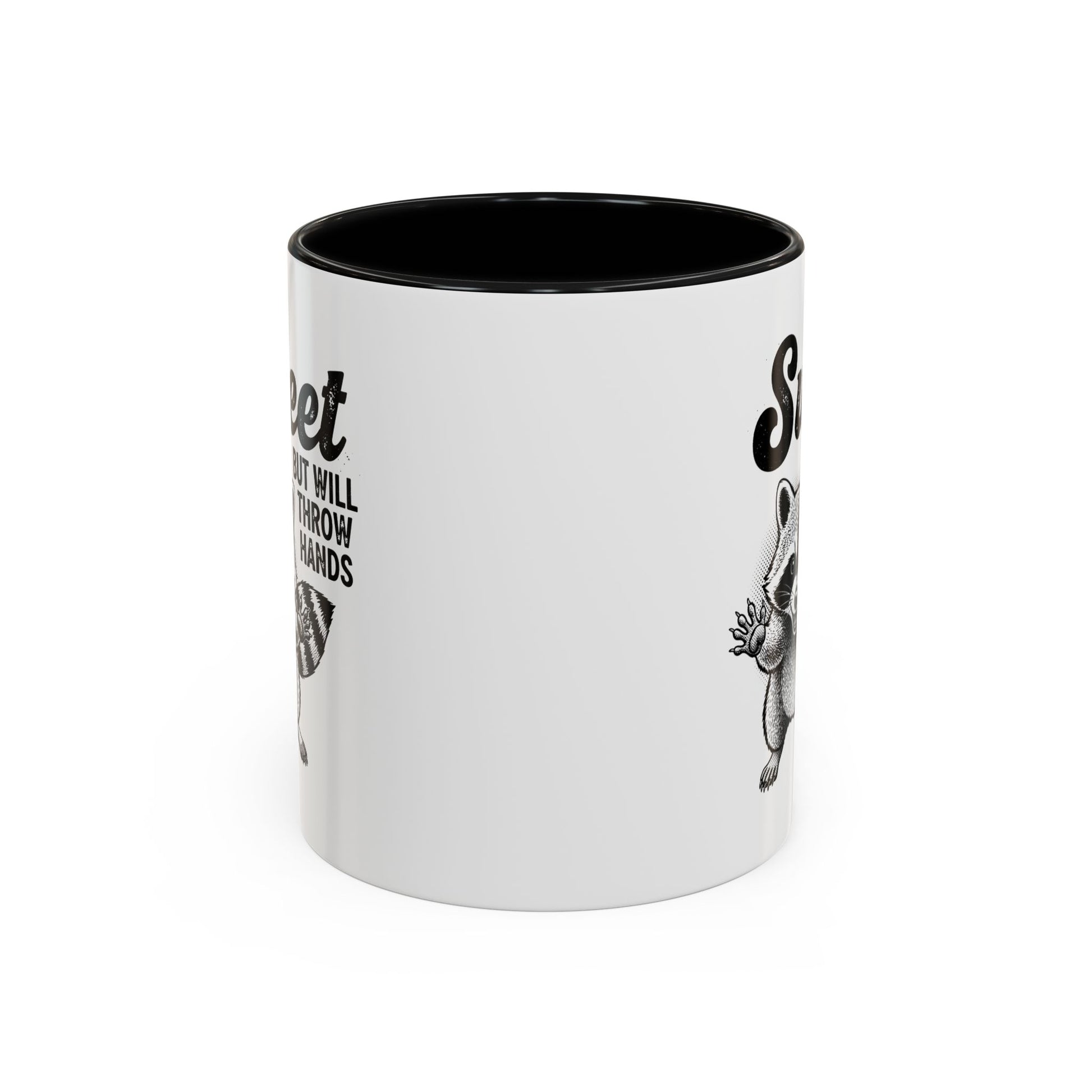 White mug with black interior and handle, featuring black text and graphics on a white background