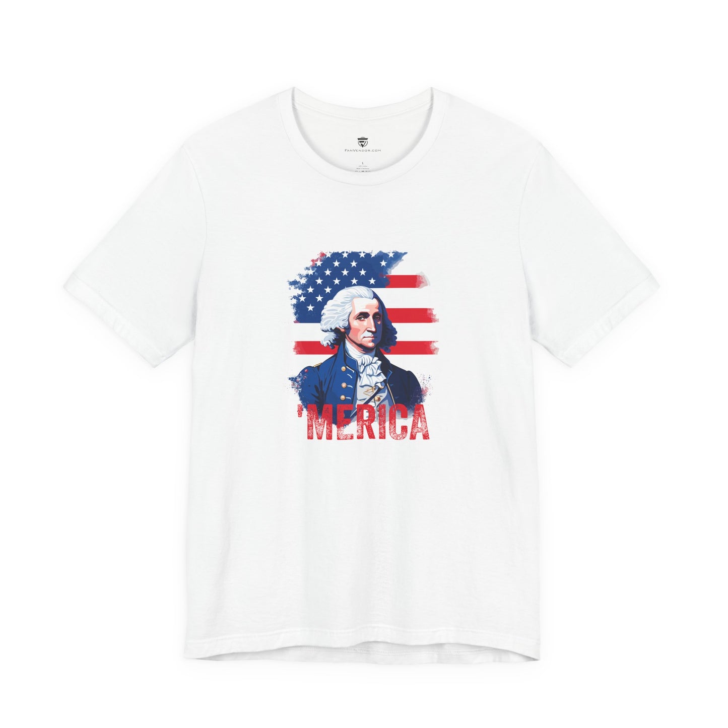 White t-shirt with a graphic of a historical figure and 'MERICA' text on a white background