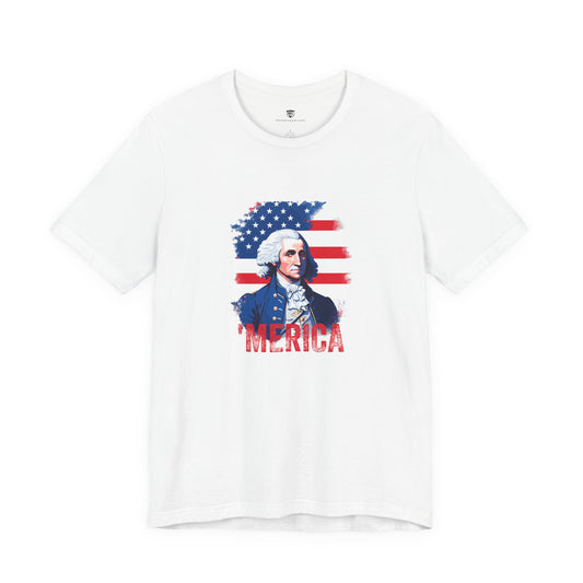White t-shirt with a graphic of a historical figure and 'MERICA' text on a white background