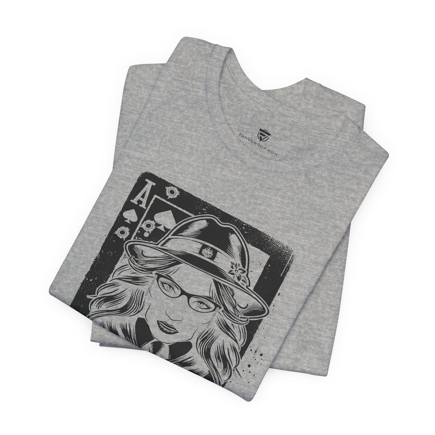 Gray t-shirt with graphic design of a person wearing a hat and glasses on a white background