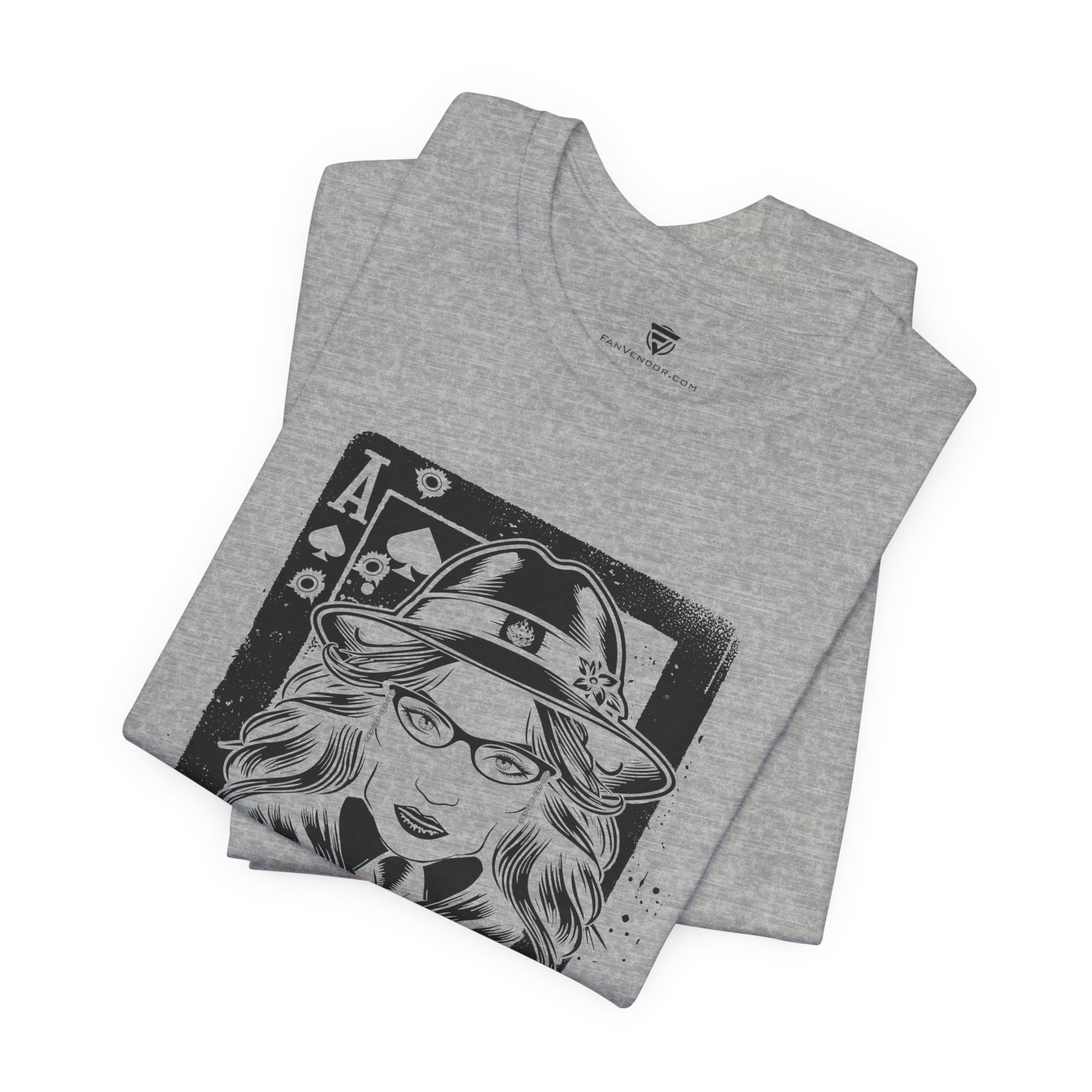 Gray t-shirt with graphic design of a person wearing a hat and glasses on a white background