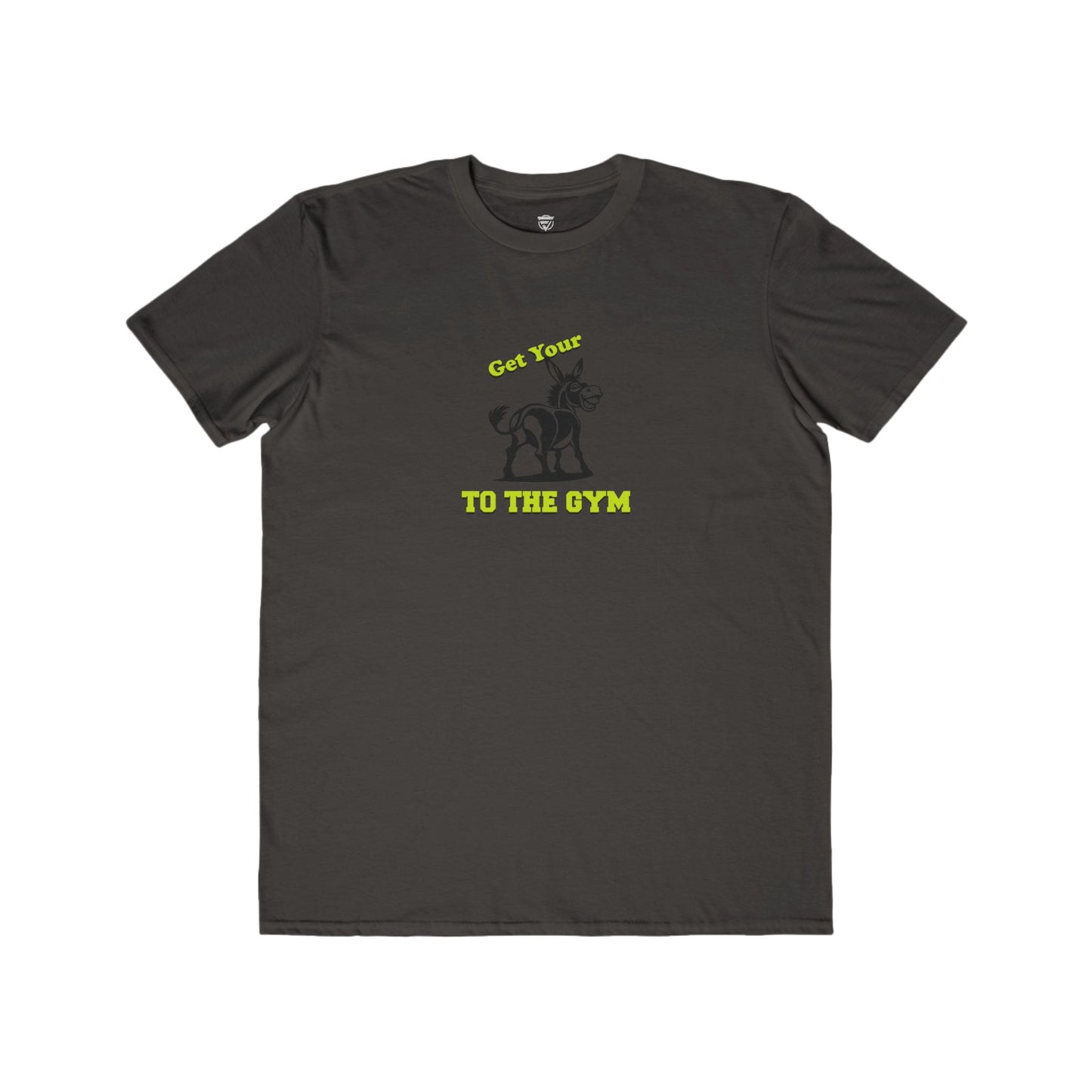 Black t-shirt with a logo on the chest against a white background