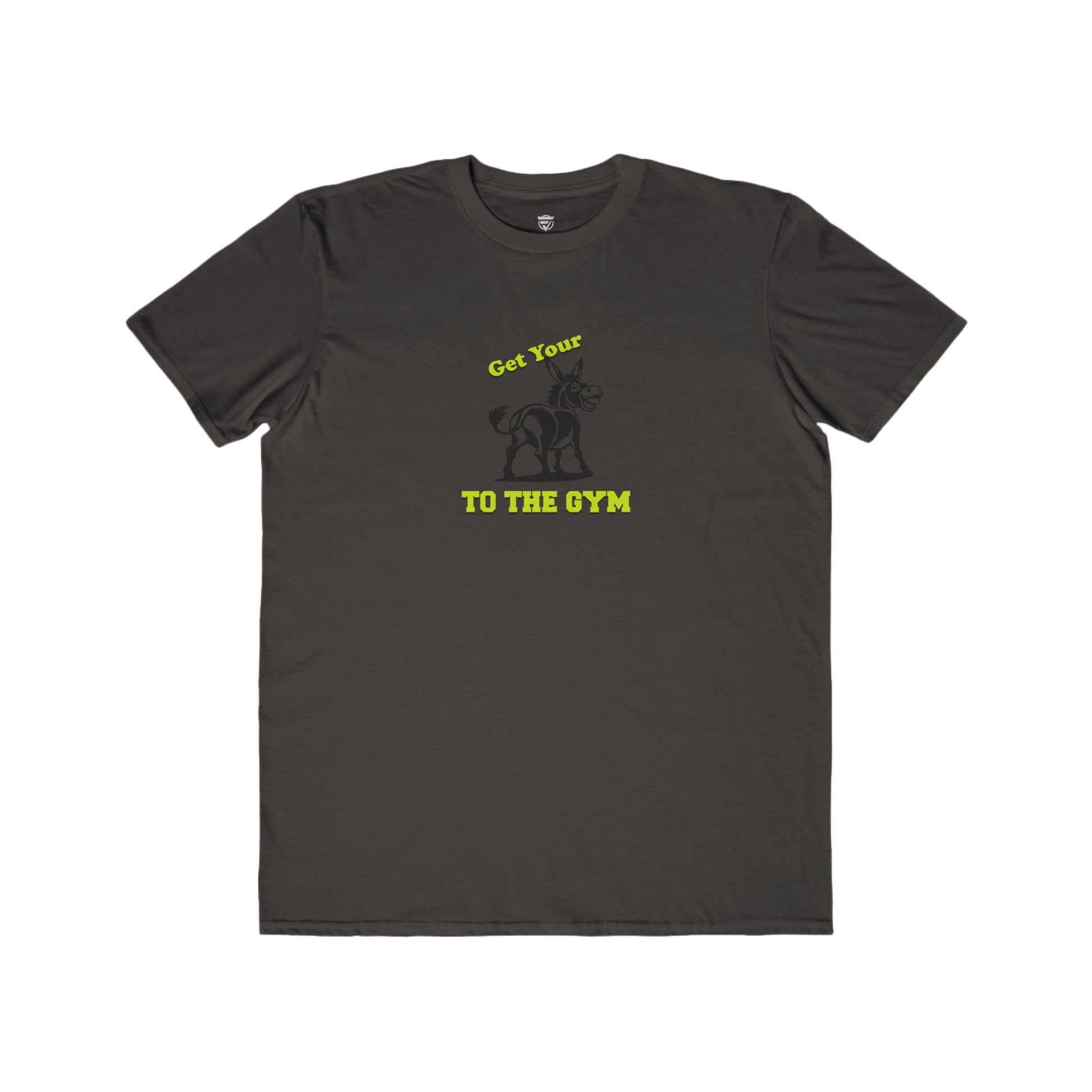 Black t-shirt with a logo on the chest against a white background