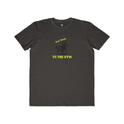 Black t-shirt with a logo on the chest against a white background