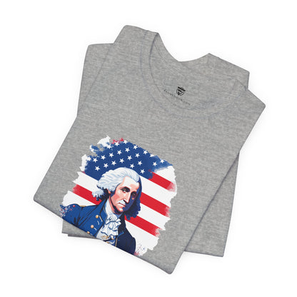Gray t-shirt with a graphic of a historical figure and American flag on a white background