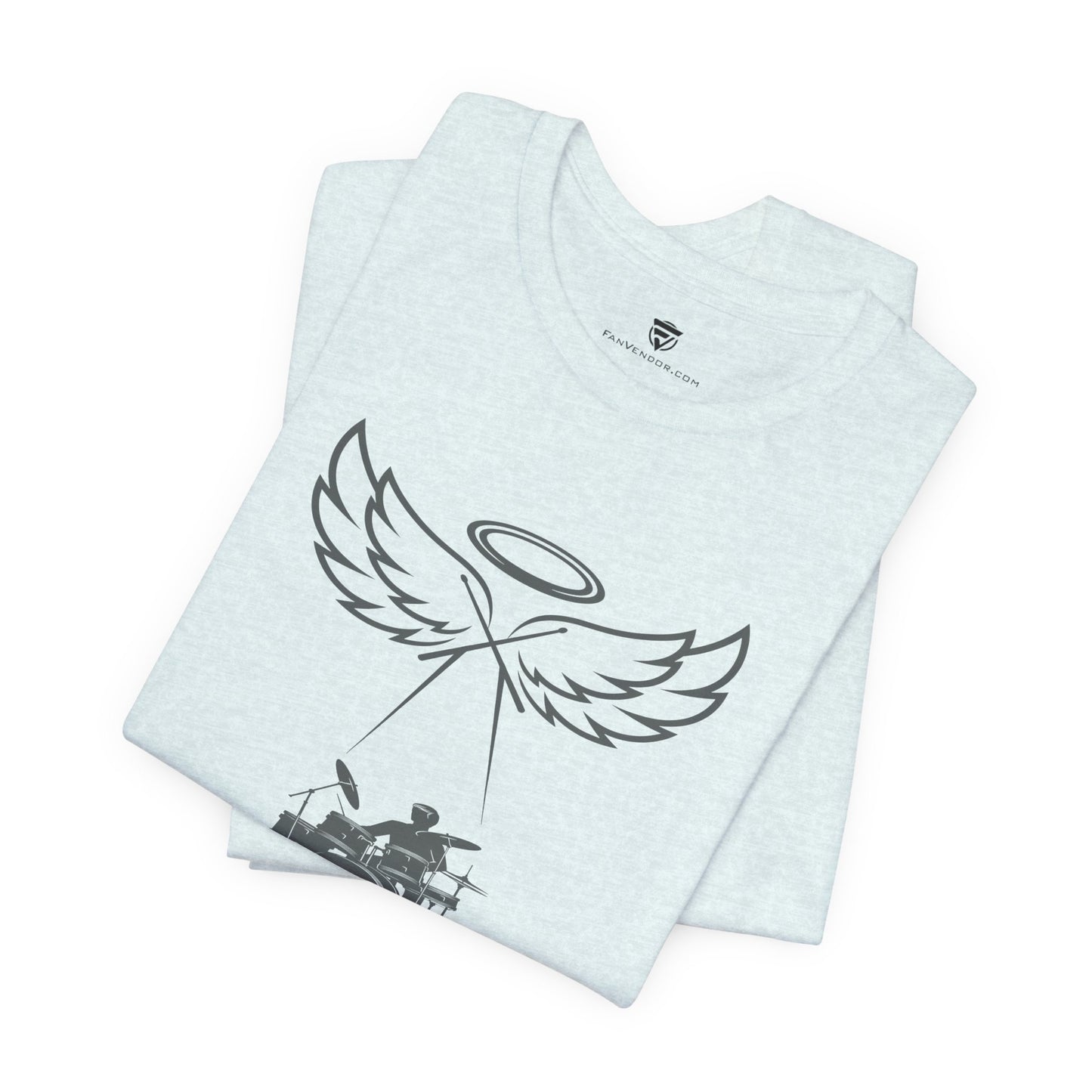 Light blue t-shirt with angel wings and halo design on a white background