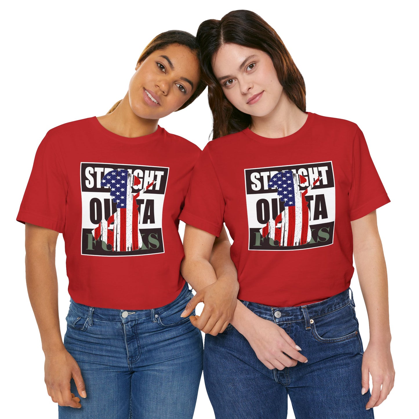 Two people wearing red t-shirts with a graphic design on a white background