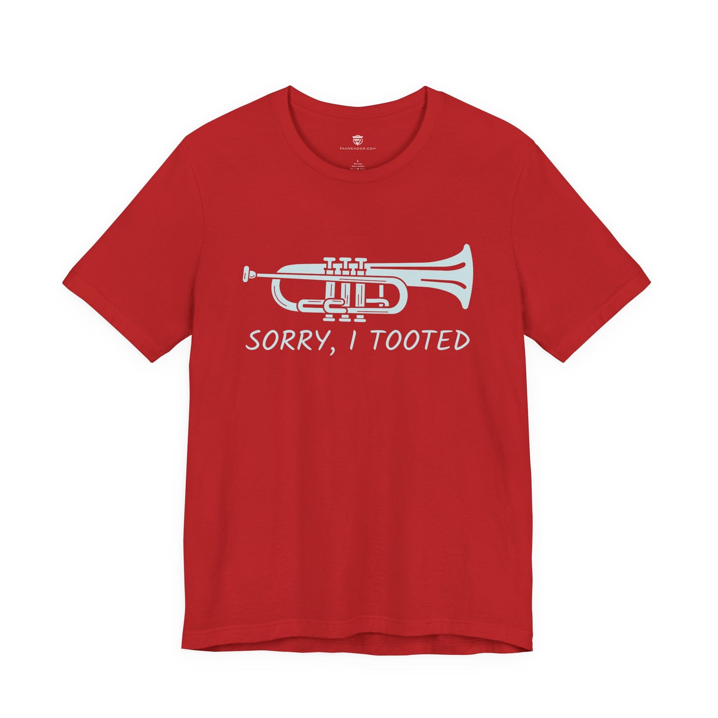 Red t-shirt with a white trumpet graphic and text 