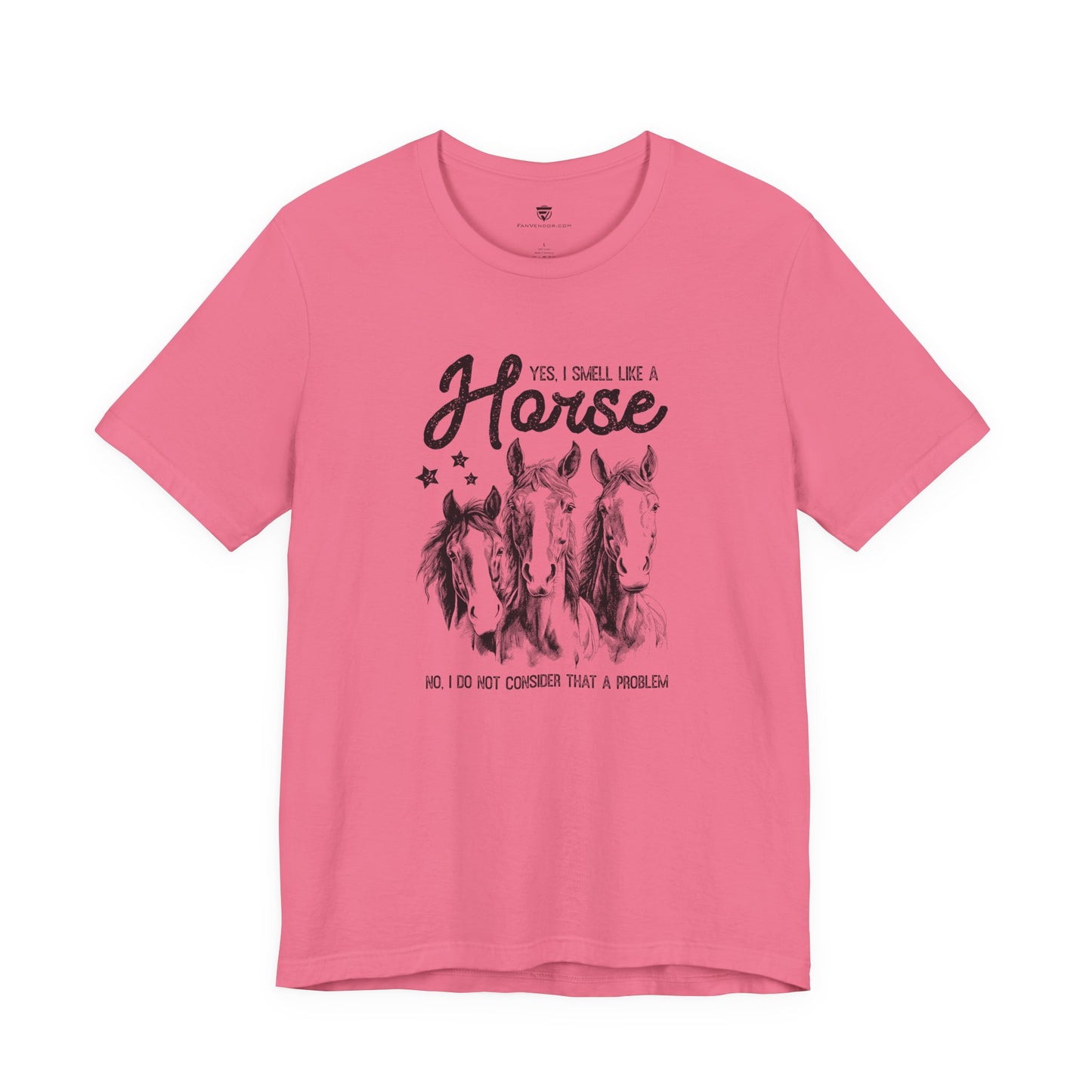 Pink t-shirt with horse graphic and text 