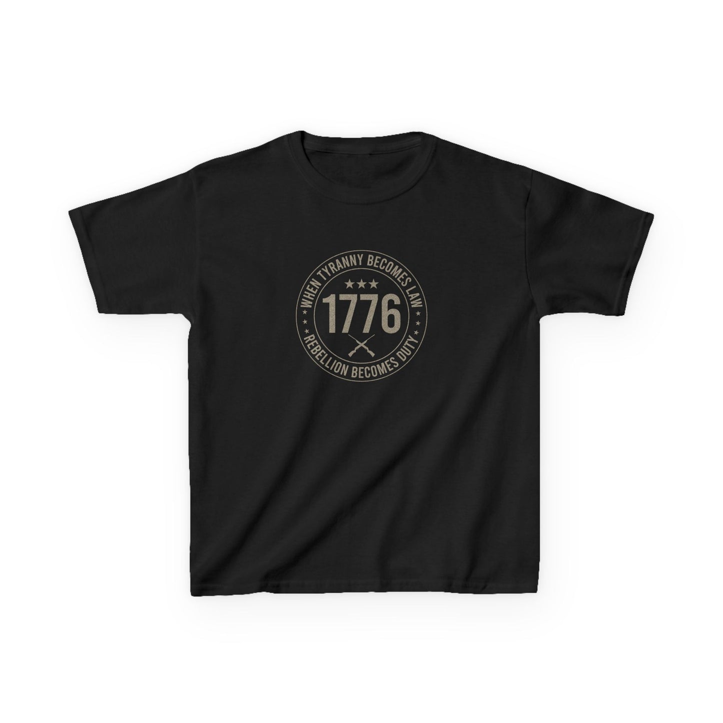Black t-shirt with '1776' design on a white background