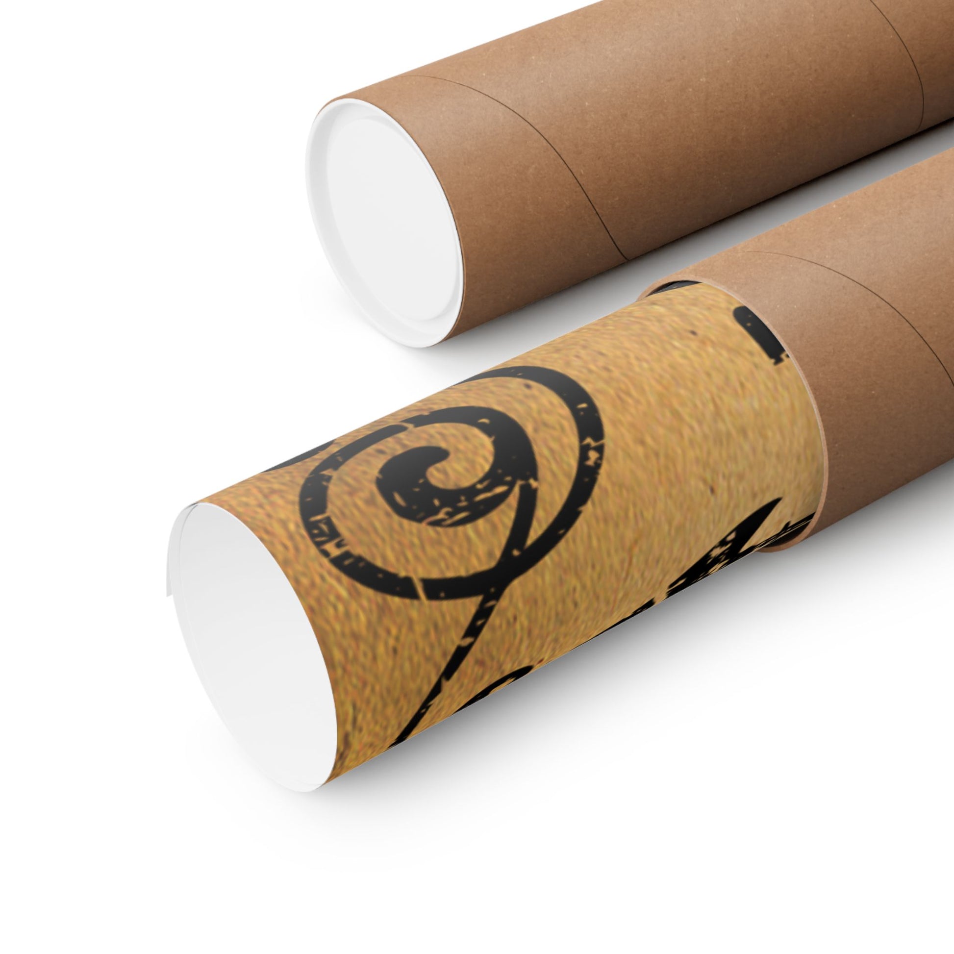 Two cardboard tubes with a decorative black spiral design on a white background