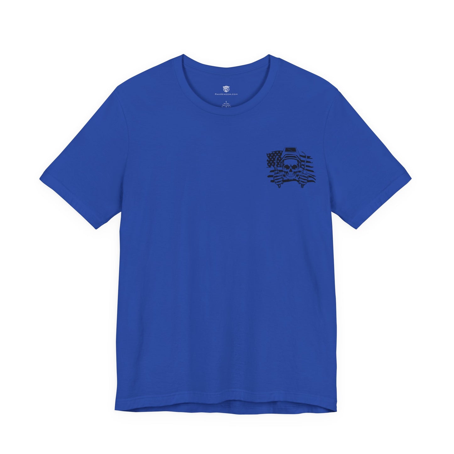 Blue t-shirt with a small graphic on the chest against a white background
