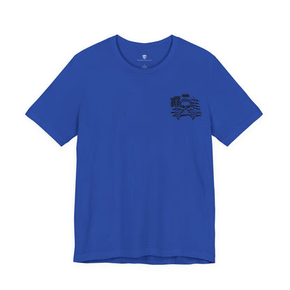 Blue t-shirt with a small graphic on the chest against a white background