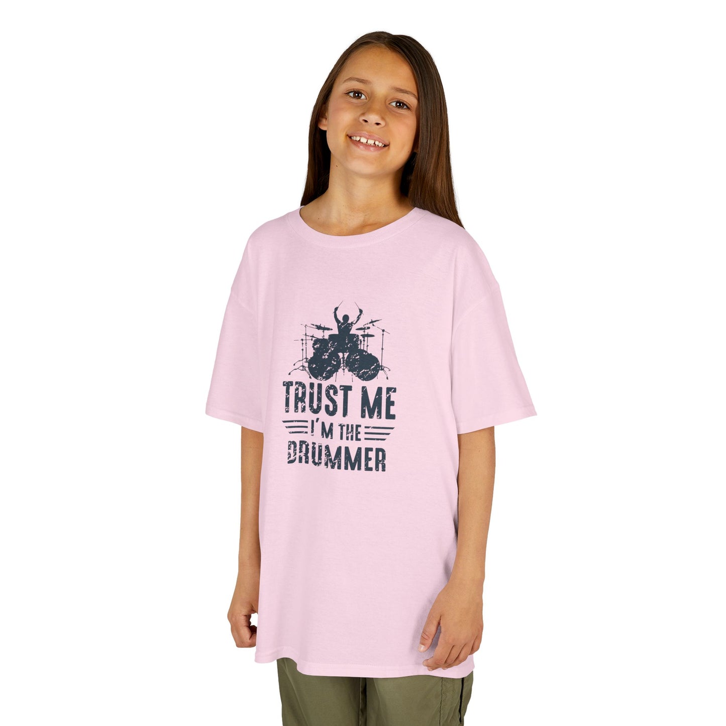 Young girl wearing a pink t-shirt with graphic design and text on a white background