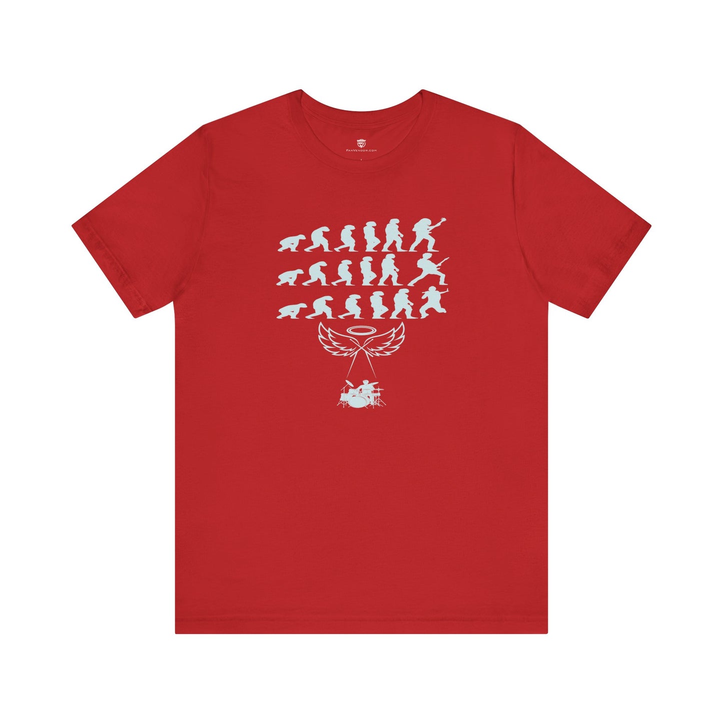 Red t-shirt with white graphic design on a white background