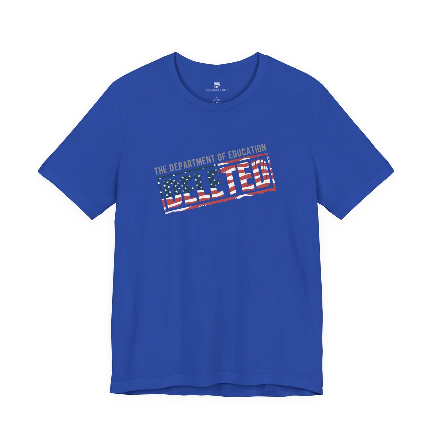 Blue t-shirt with 'The Department of Education' text and American flag design on a white background