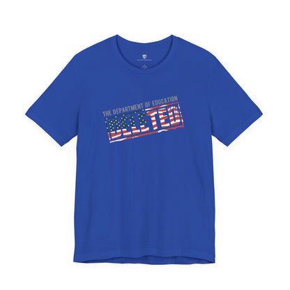 Blue t-shirt with 'The Department of Education' text and American flag design on a white background