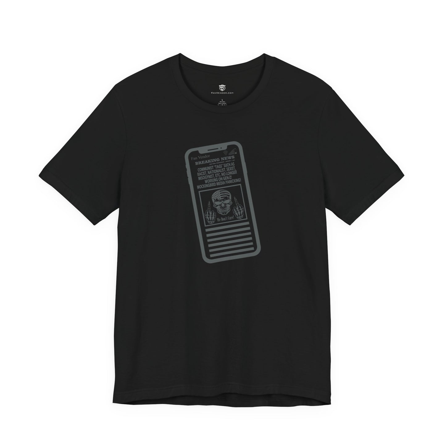 Black t-shirt with a graphic design on a white background