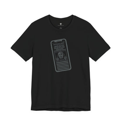 Black t-shirt with a graphic design on a white background
