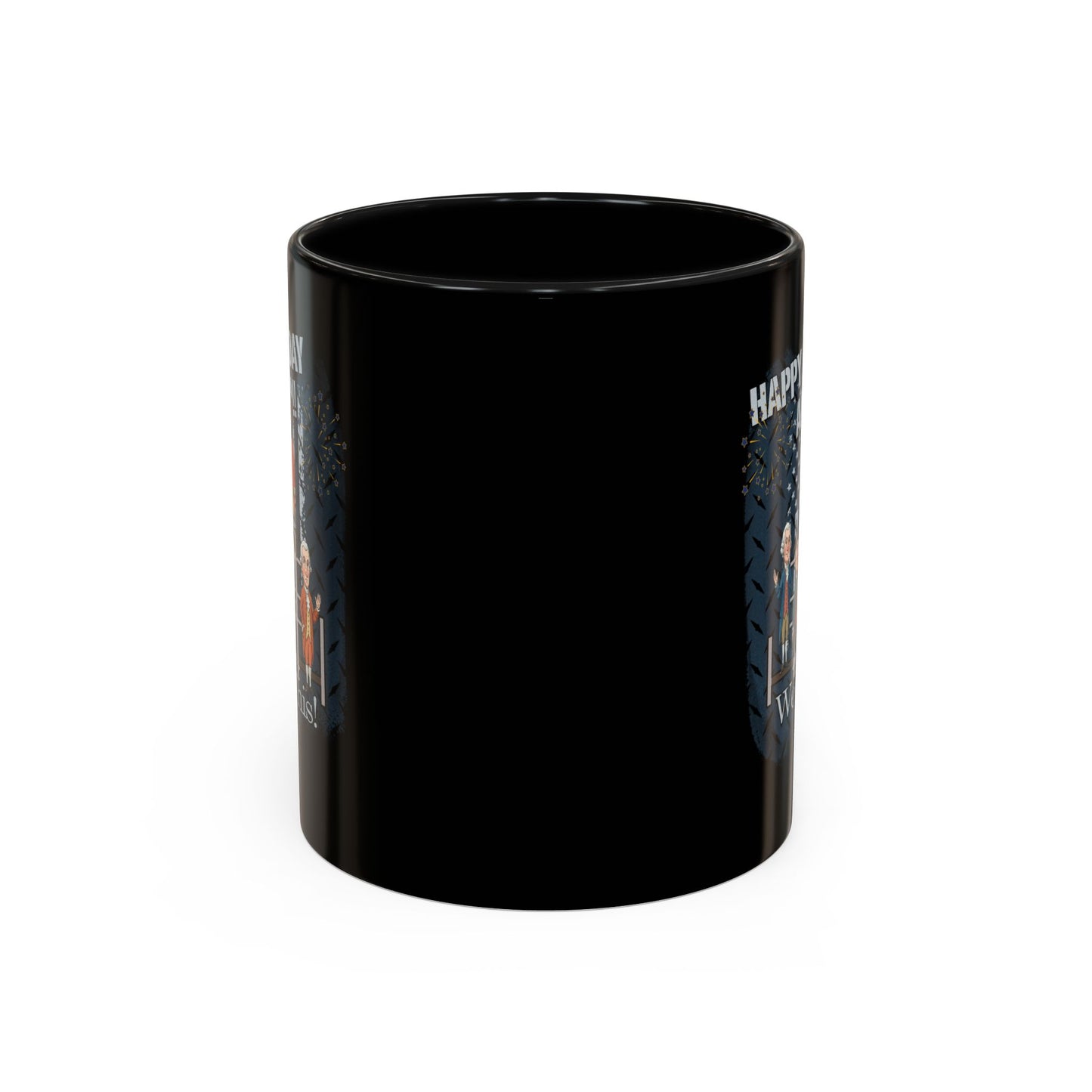 Black mug with colorful graphics and text on a white background