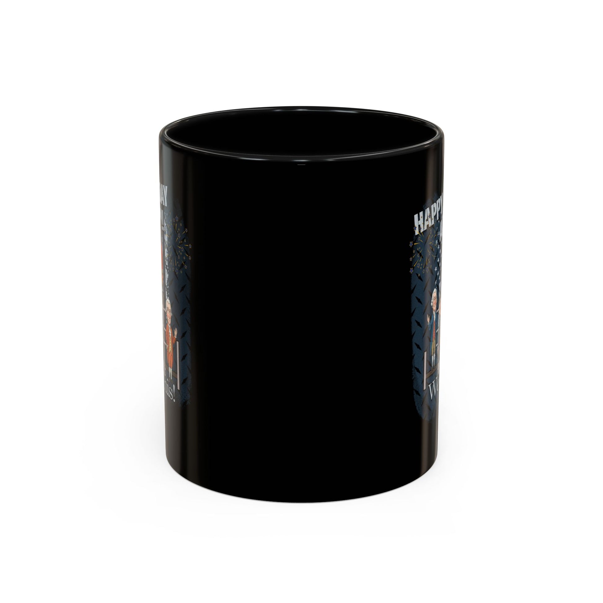 Black mug with colorful graphics and text on a white background