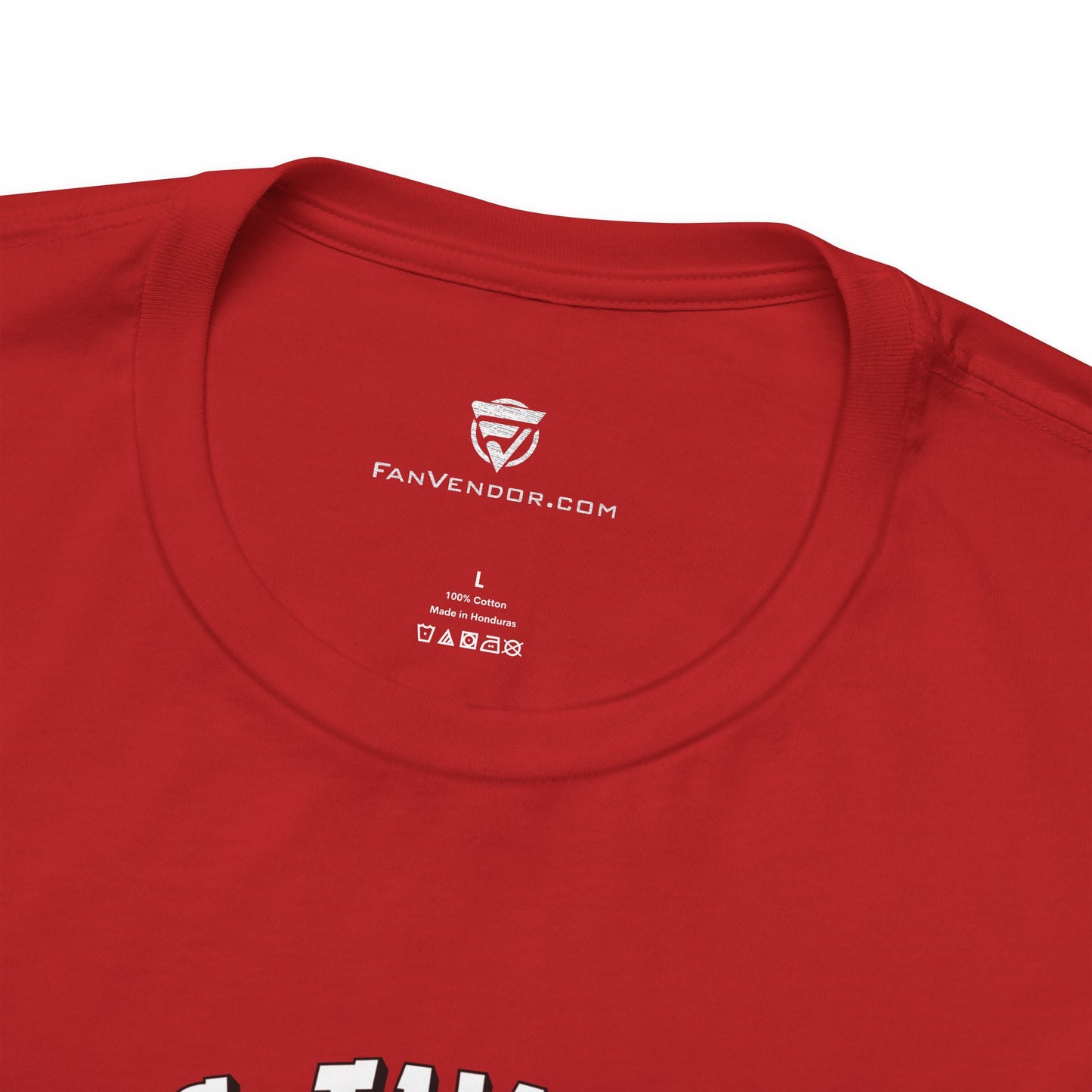 Red t-shirt with 'FanVendor.com' logo and text on a white background
