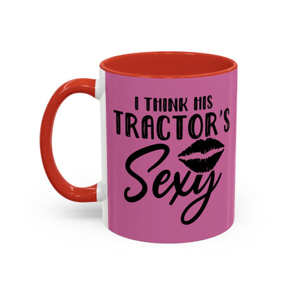 Pink mug with red interior and handle, featuring text and a lip graphic on a white background