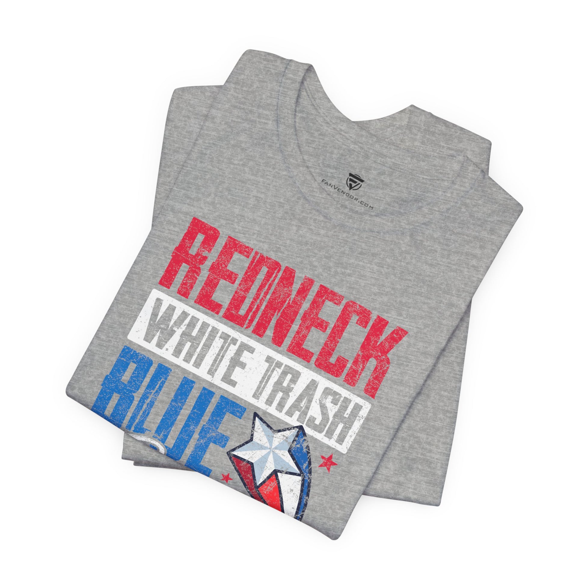 Gray t-shirt with 'Redneck White Trash Blue' text and star design on a white background