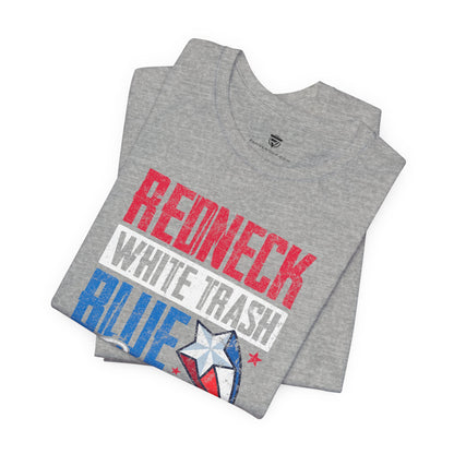 Gray t-shirt with 'Redneck White Trash Blue' text and star design on a white background