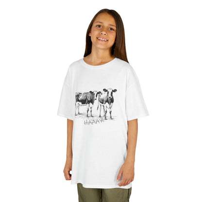 Young girl wearing a white t-shirt with 'HAAAY' text on a white background