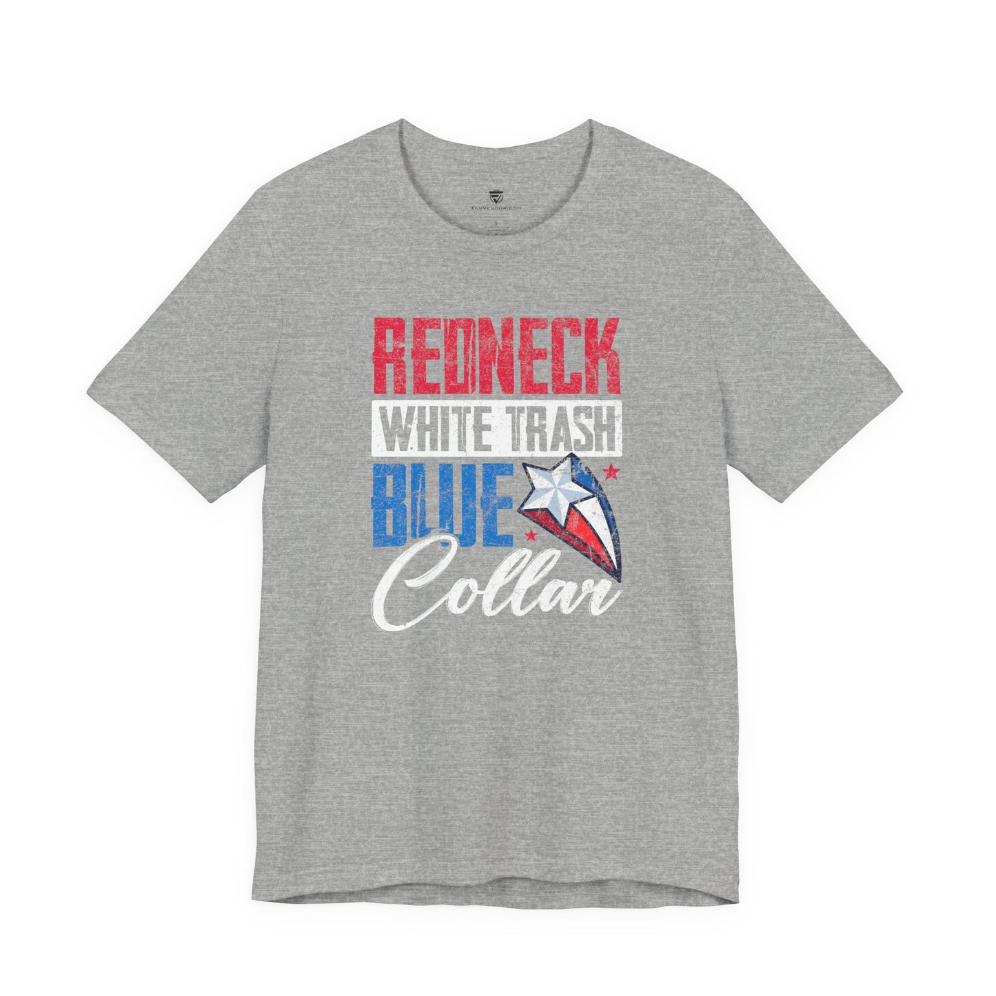 Gray t-shirt with 'Redneck White Trash Blue Collar' text and graphic on a white background