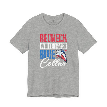 Gray t-shirt with 'Redneck White Trash Blue Collar' text and graphic on a white background