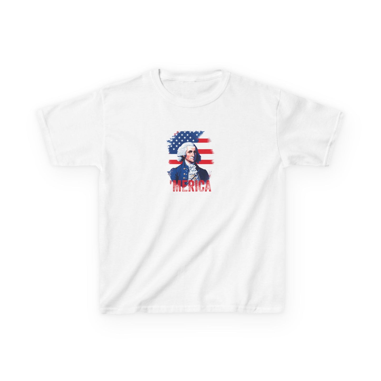 White t-shirt with a graphic design featuring a flag and a portrait on a white background