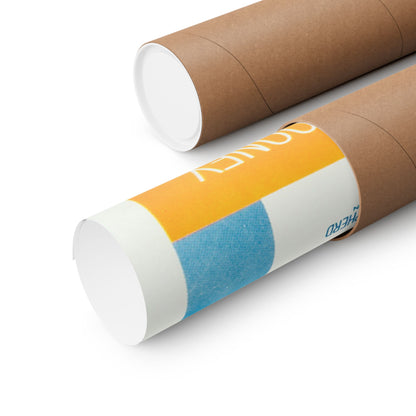 Two cardboard tubes with colorful labels on a white background